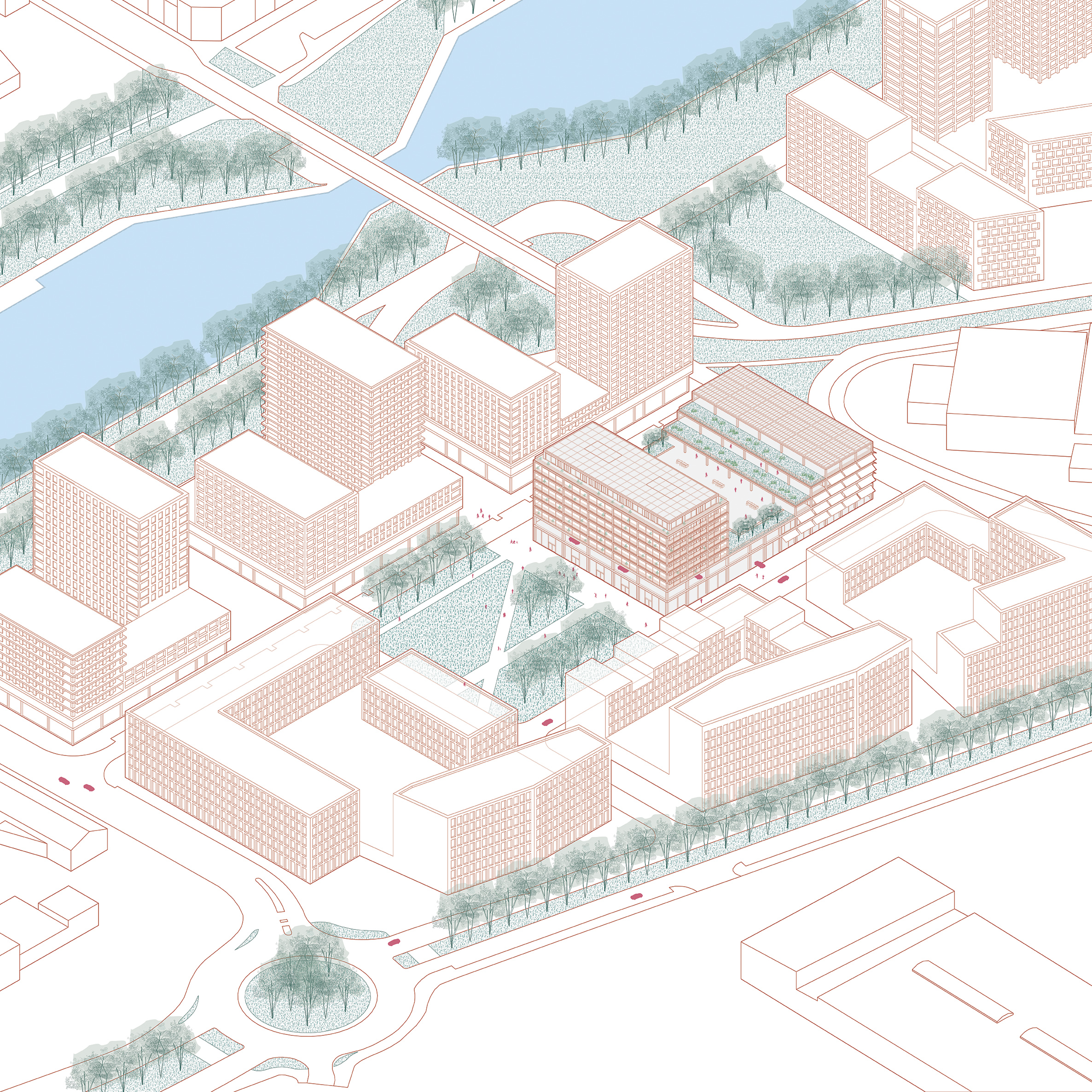 CITYDOX Mixed-use with productive activities, axonometric view of the building and its surroundings