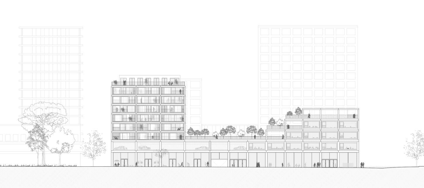 CITYDOX Mixed-use with productive activities, long side facade