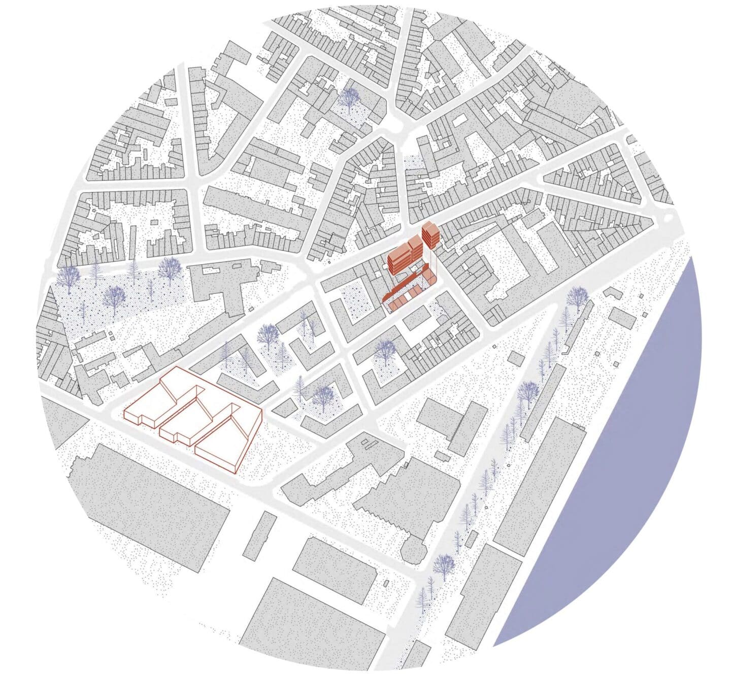 TIVOLI Co-housing project with participative process, axonometric view of the building and its surroundings