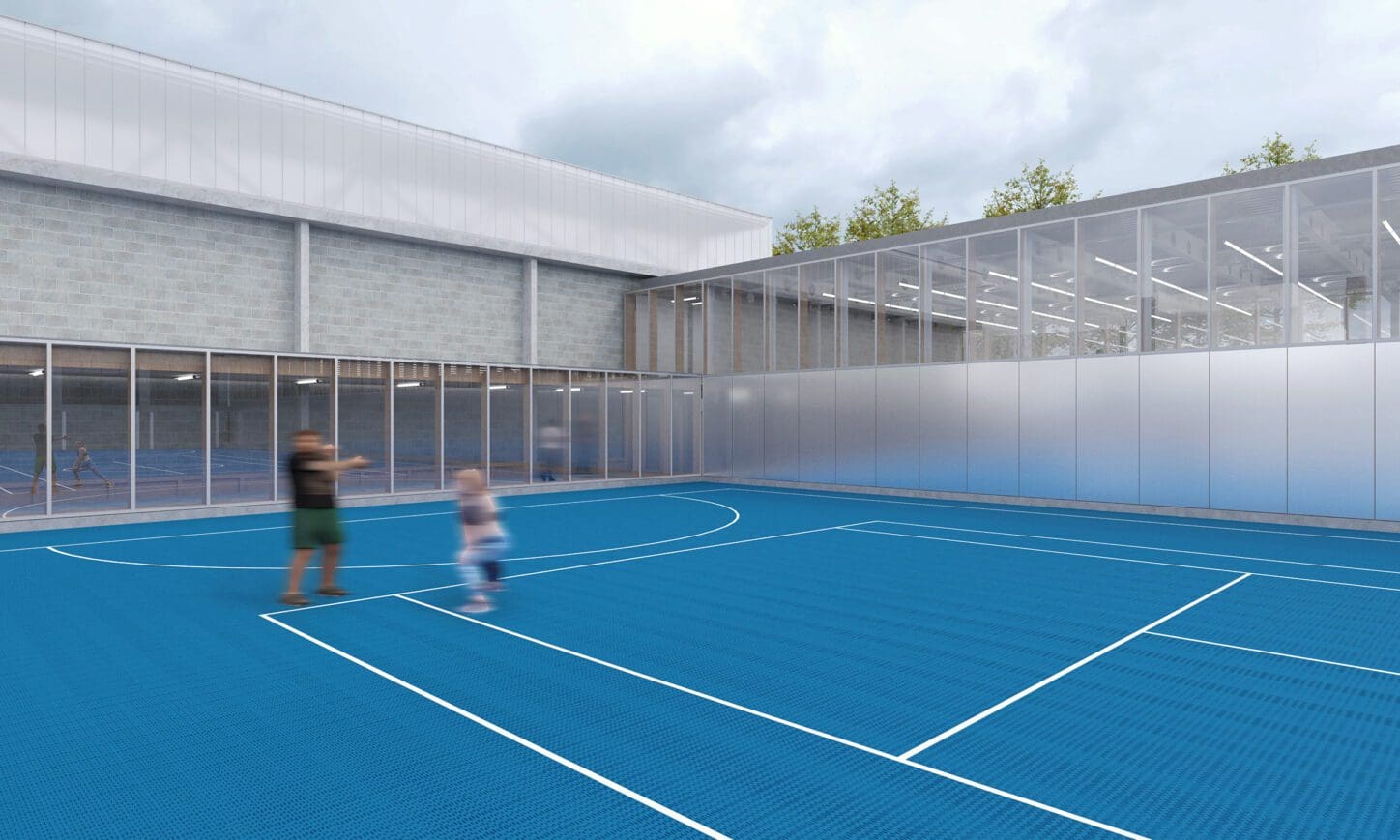 VUB VEC Renovation and extension of sport facilities, render of the centre for martial arts and its connection to the existing sports facilities