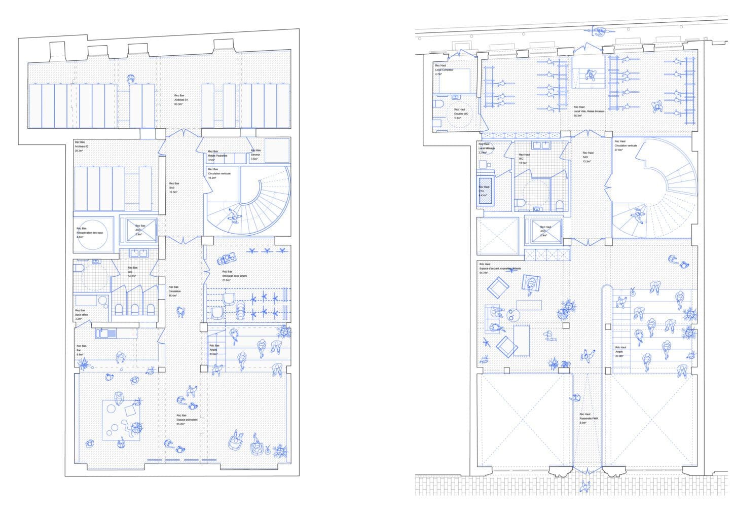 WWF Circular renovation of an Art Déco office building, plan of the groundfloor and underground floor with a double high event space