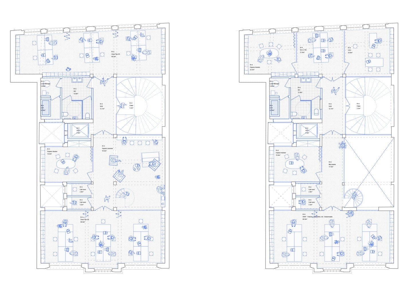 WWF Circular renovation of an Art Déco office building, plan of the first en second floor with a double high space for informal encounters