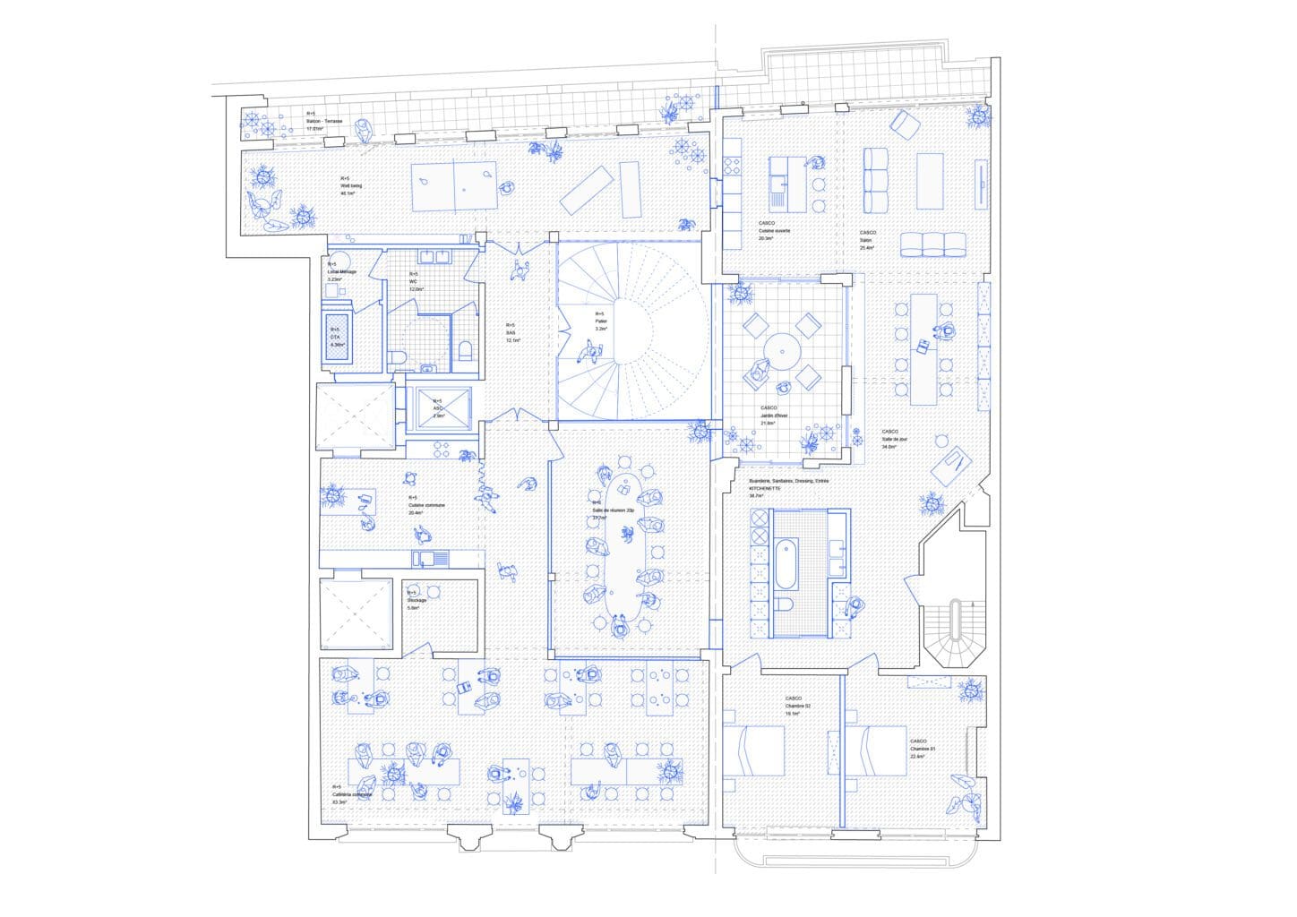 WWF Circular renovation of an Art Déco office building, plan of the fifth floor with meeting spaces, polyvalent spaces and lunch area