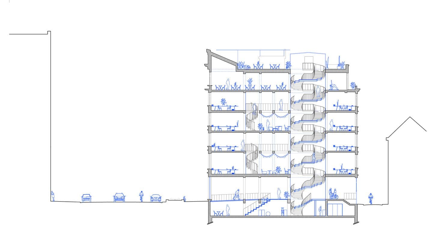 WWF Circular renovation of an Art Déco office building, long section through the new spiral staircase