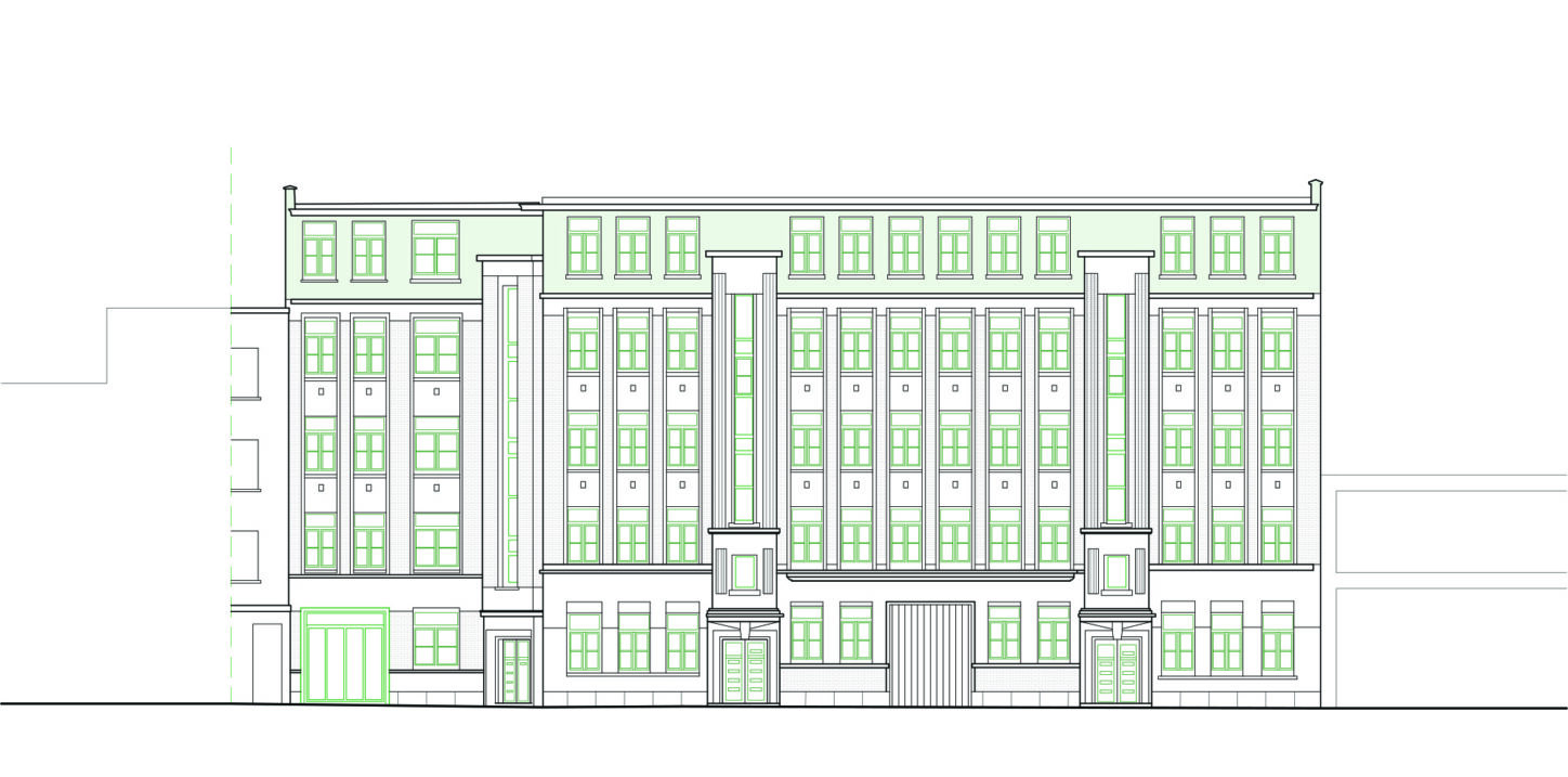 LIVERPOOL Circular renovation of Art Déco buildings, elevation street facade