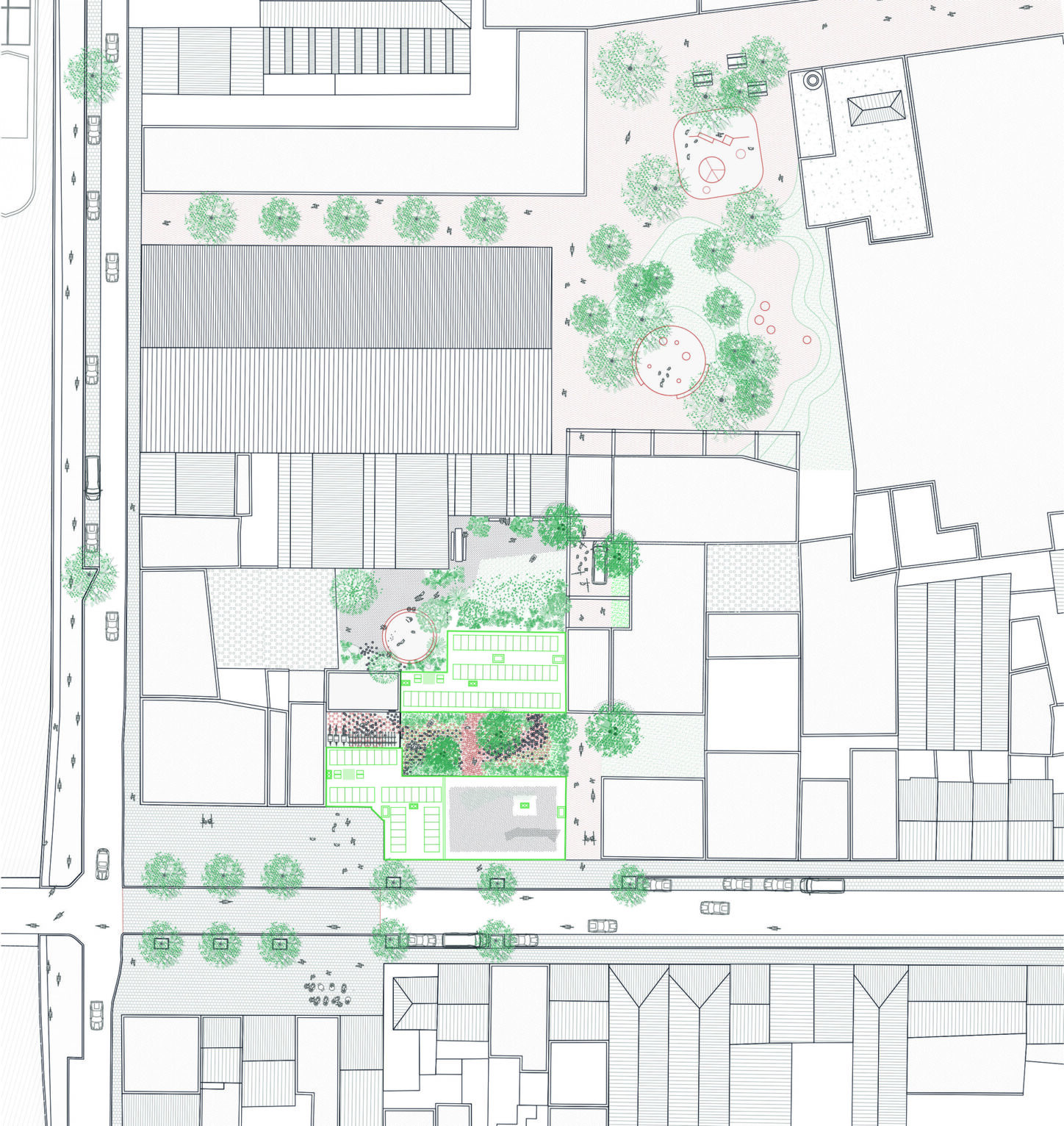 LIVERPOOL Circular renovation of Art Déco buildings, site plan with landscape design of the common gardens