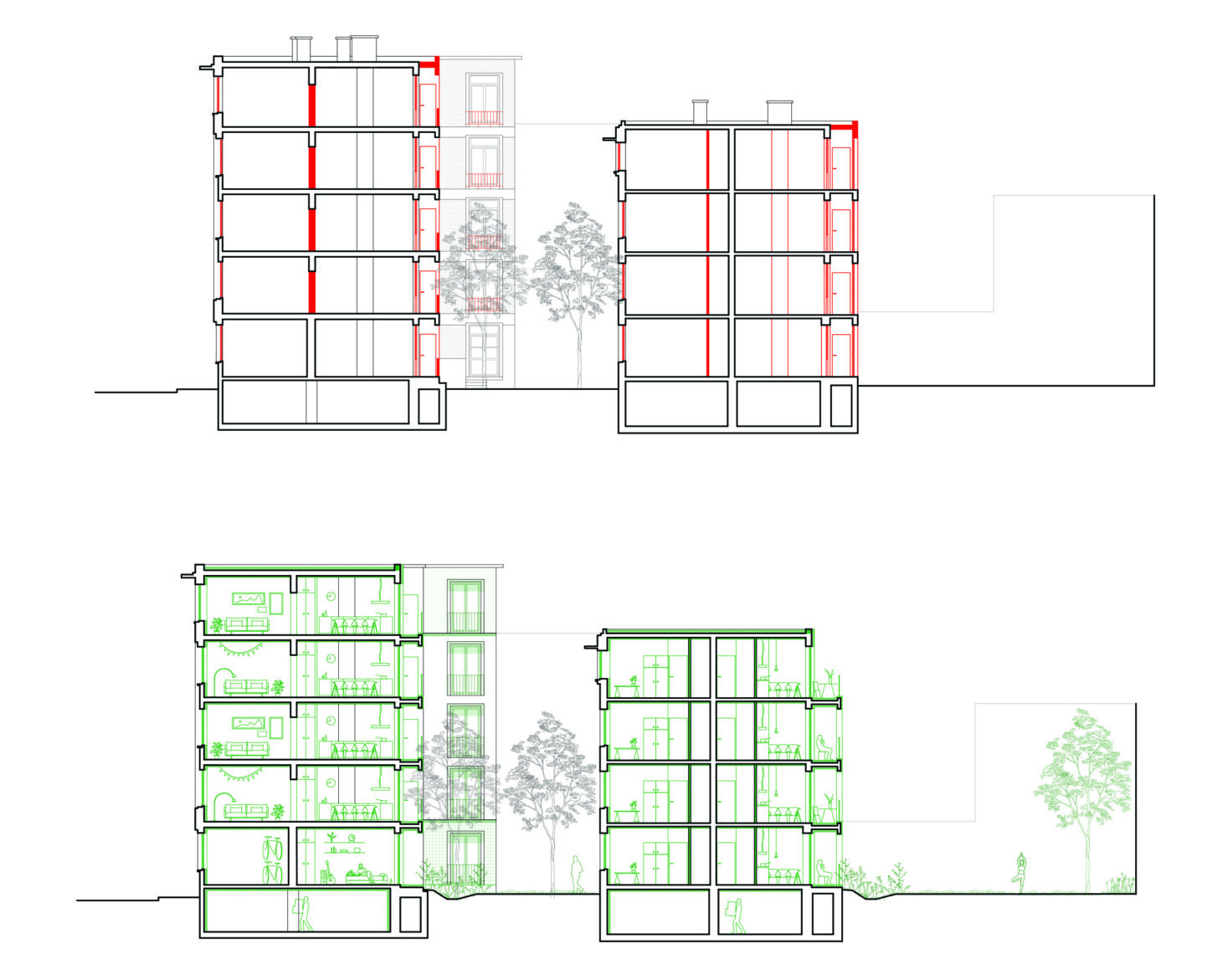 LIVERPOOL Circular renovation of Art Déco buildings, transversal section of the existing situation and project