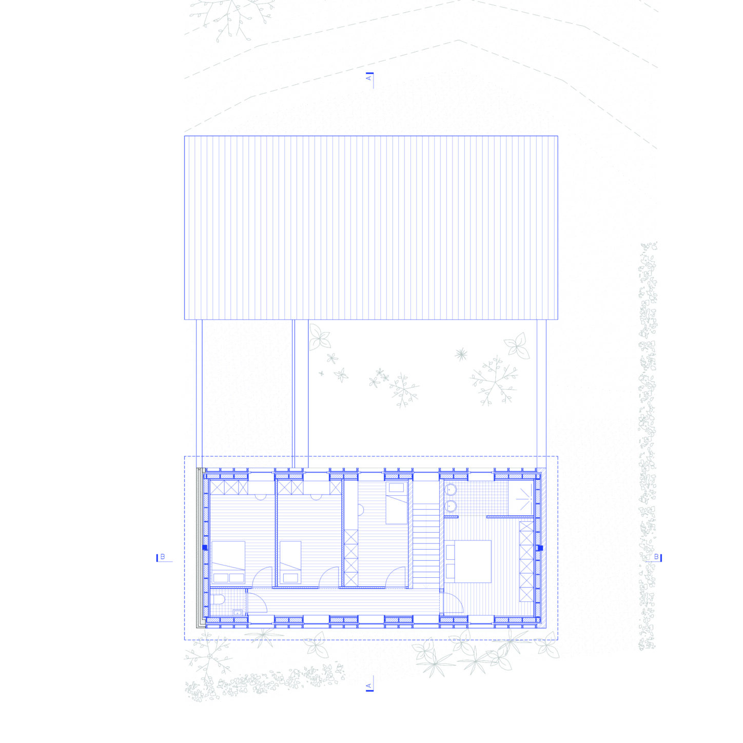 VIJVERHOEK Renovation and extension of a house in rural area, first floor plan of the new house organised around a central patio