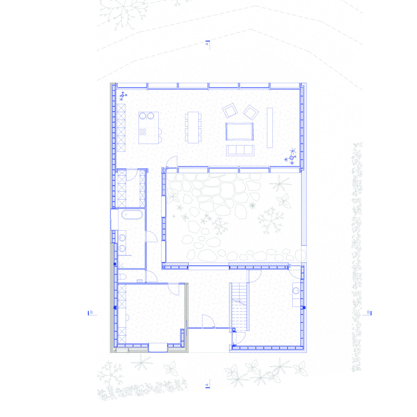 VIJVERHOEK Renovation and extension of a house in rural area, ground floor plan of the new house organised around a central patio