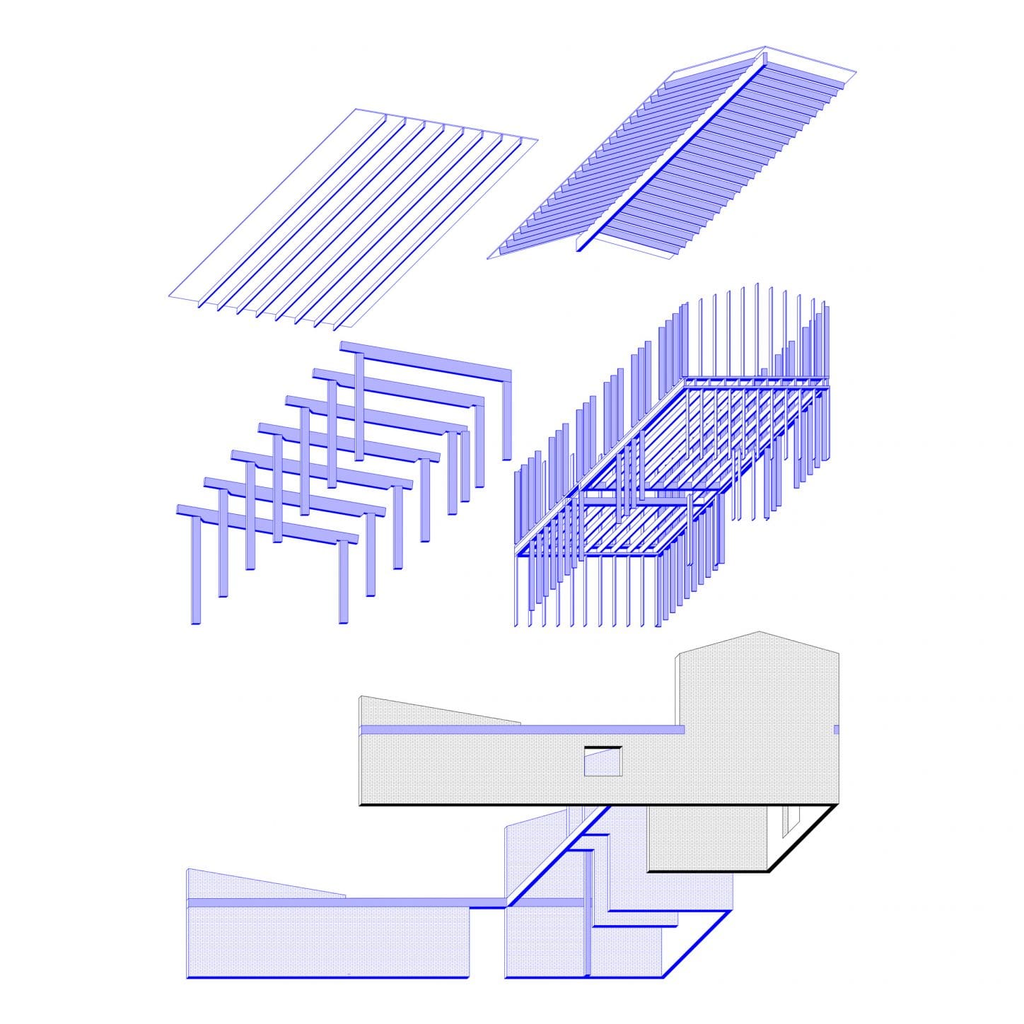 VIJVERHOEK Renovation and extension of a house in rural area, axonometric view of the structure