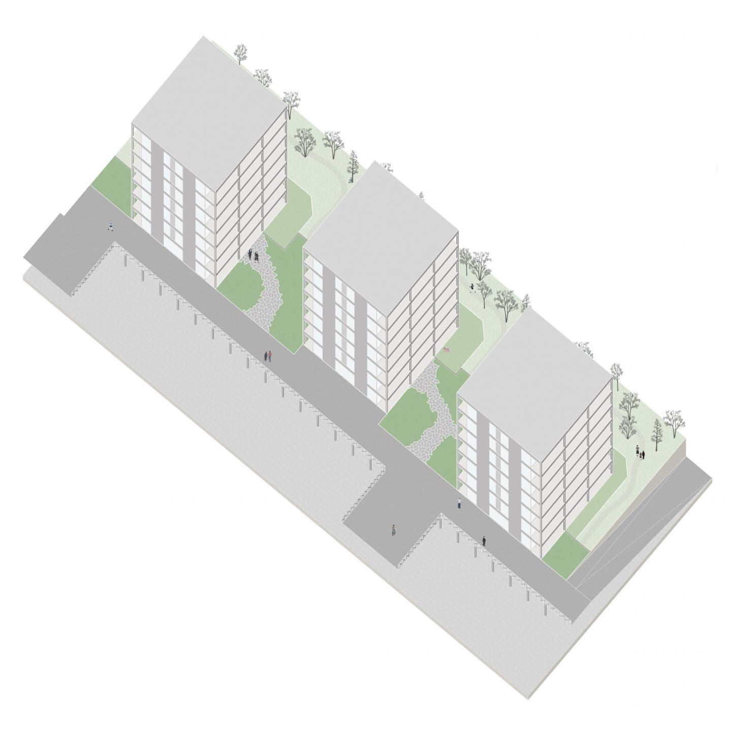 DELEERS Construction of 3 urban villas and productive activities, project axonometri