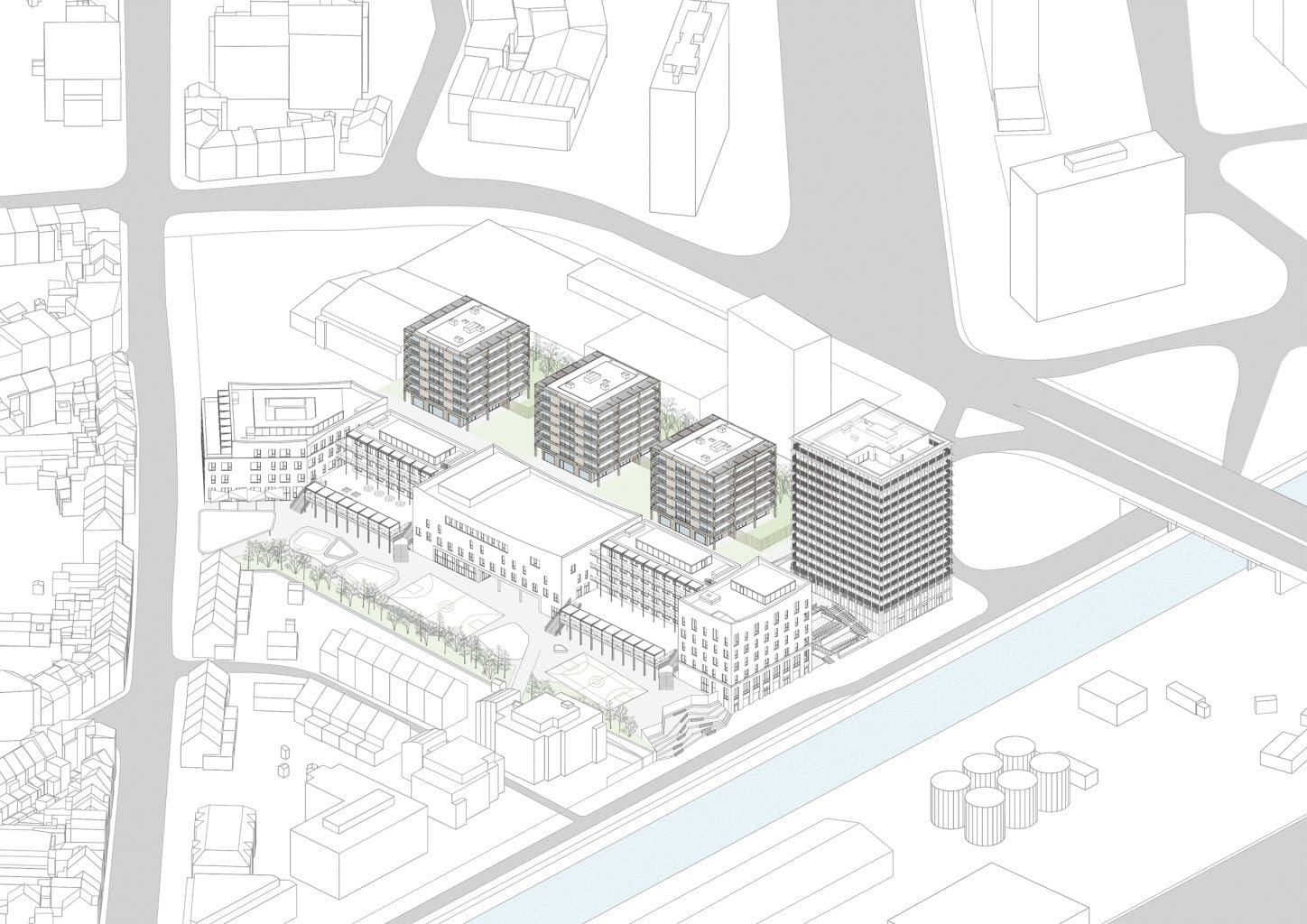 DELEERS Construction of 3 urban villas and productive activities, urban axonometri