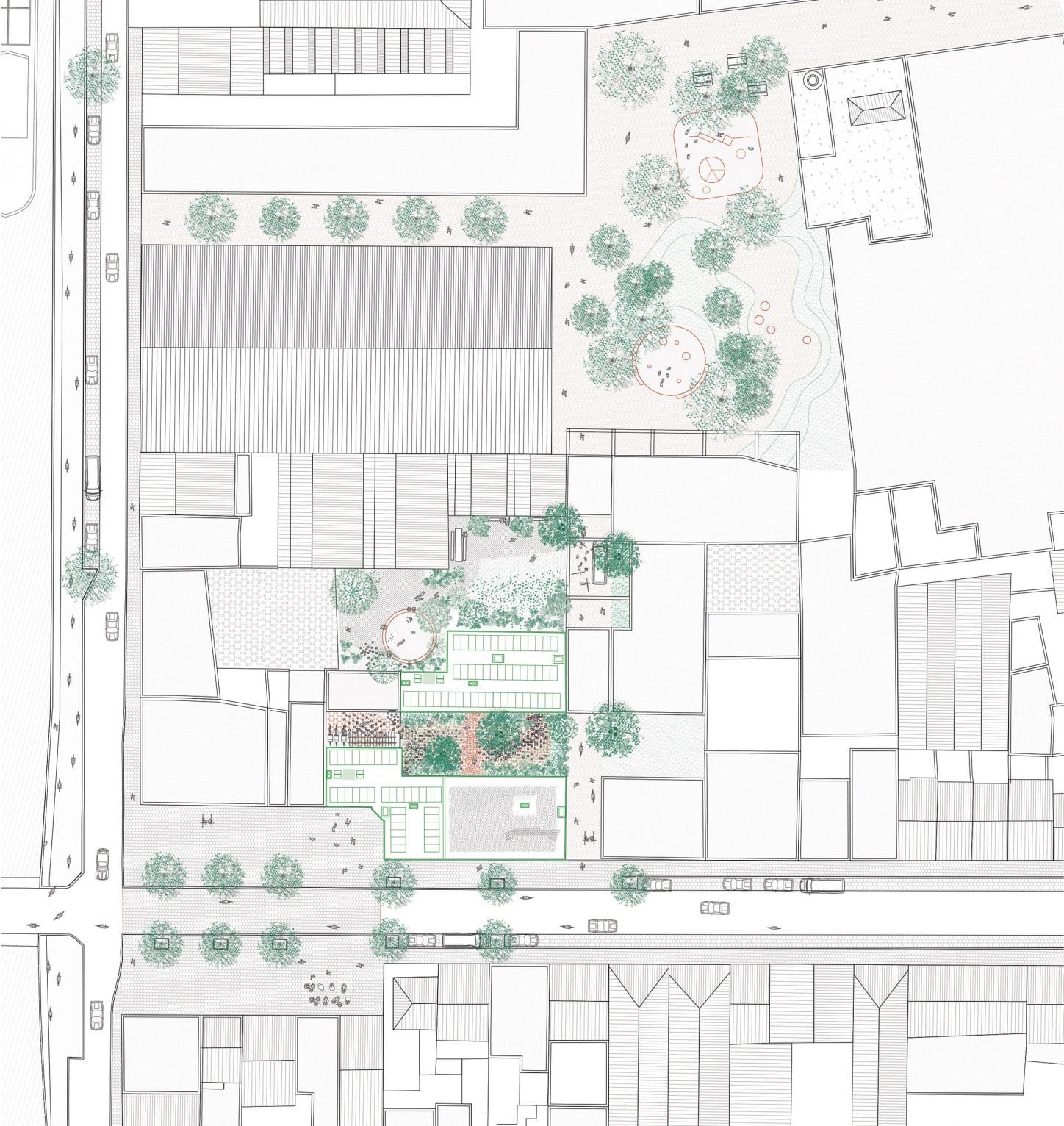 LIVERPOOL Circular renovation of Art Déco buildings, site plan with landscape design of the common gardens