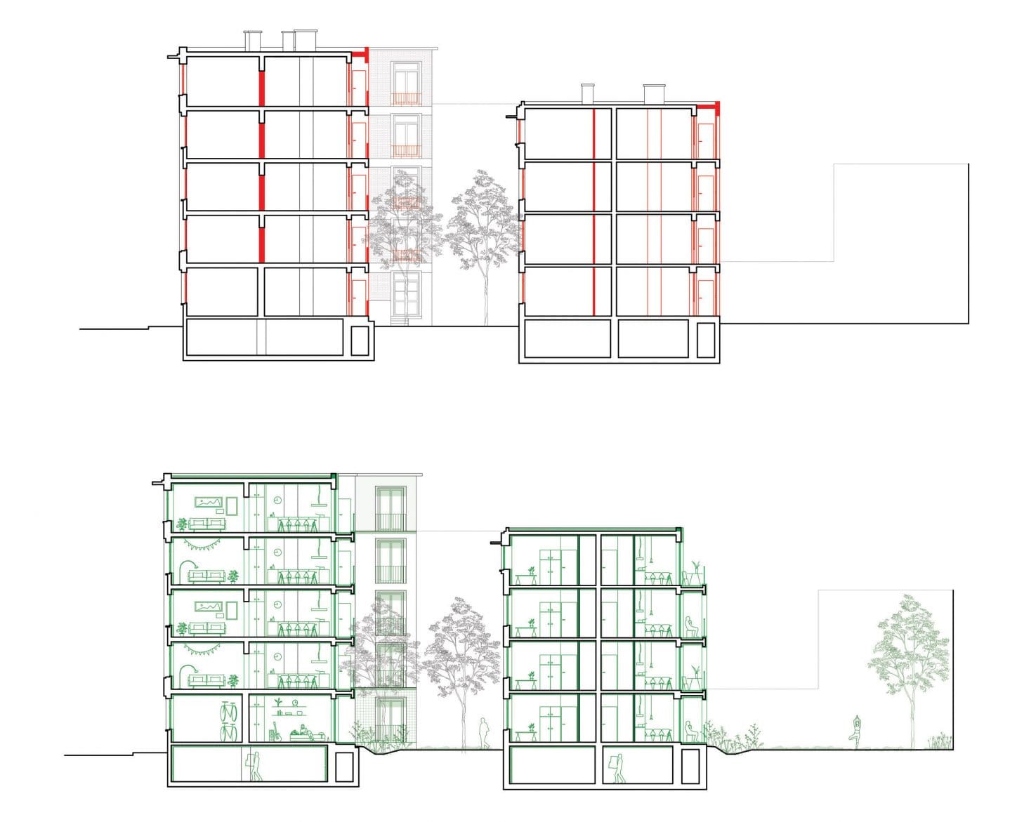 LIVERPOOL Circular renovation of Art Déco buildings, transversal section of the existing situation and project