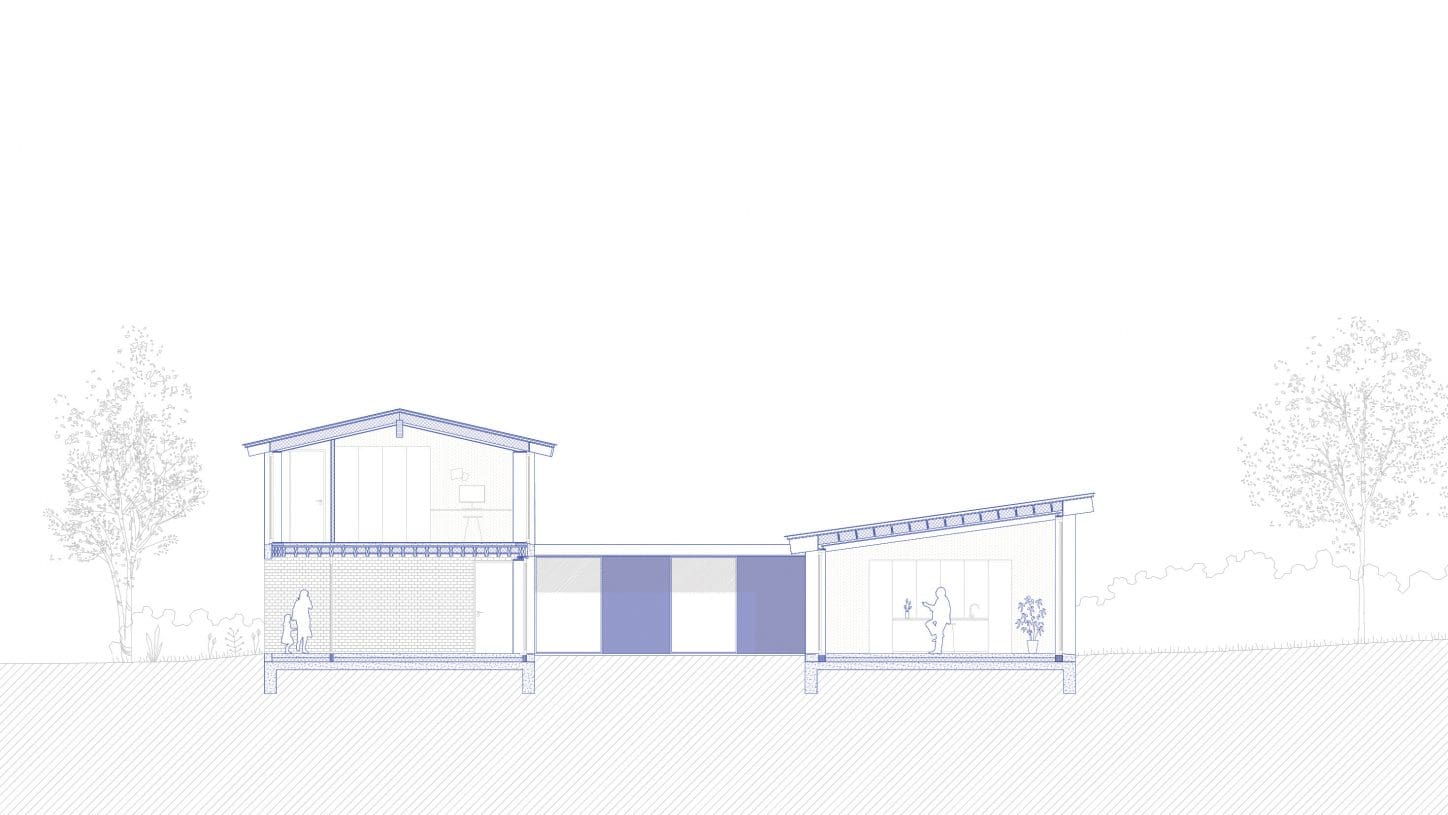 VIJVERHOEK Renovation and extension of a house in rural area, long section of the new house organised around a central patio