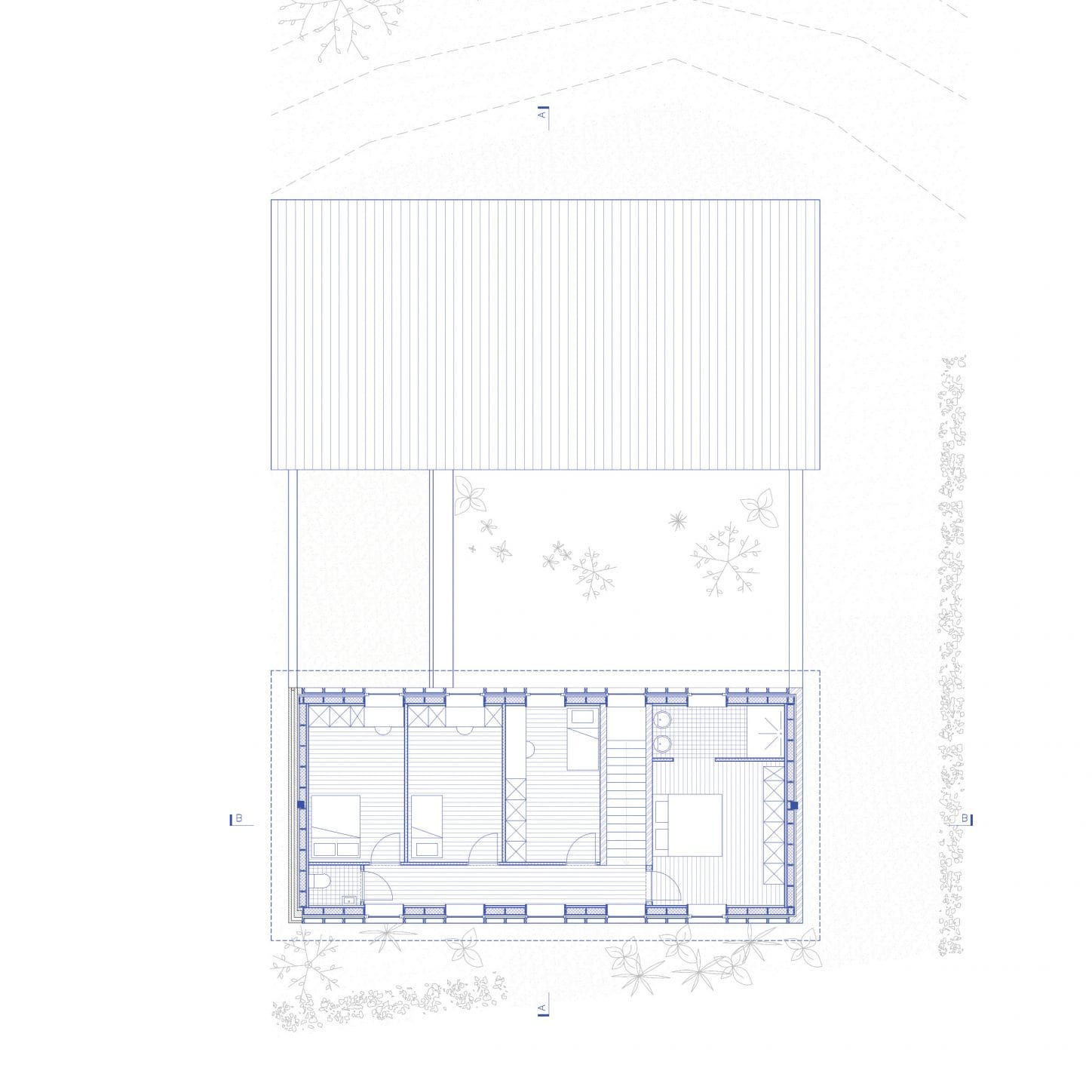 VIJVERHOEK Renovation and extension of a house in rural area, first floor plan of the new house organised around a central patio