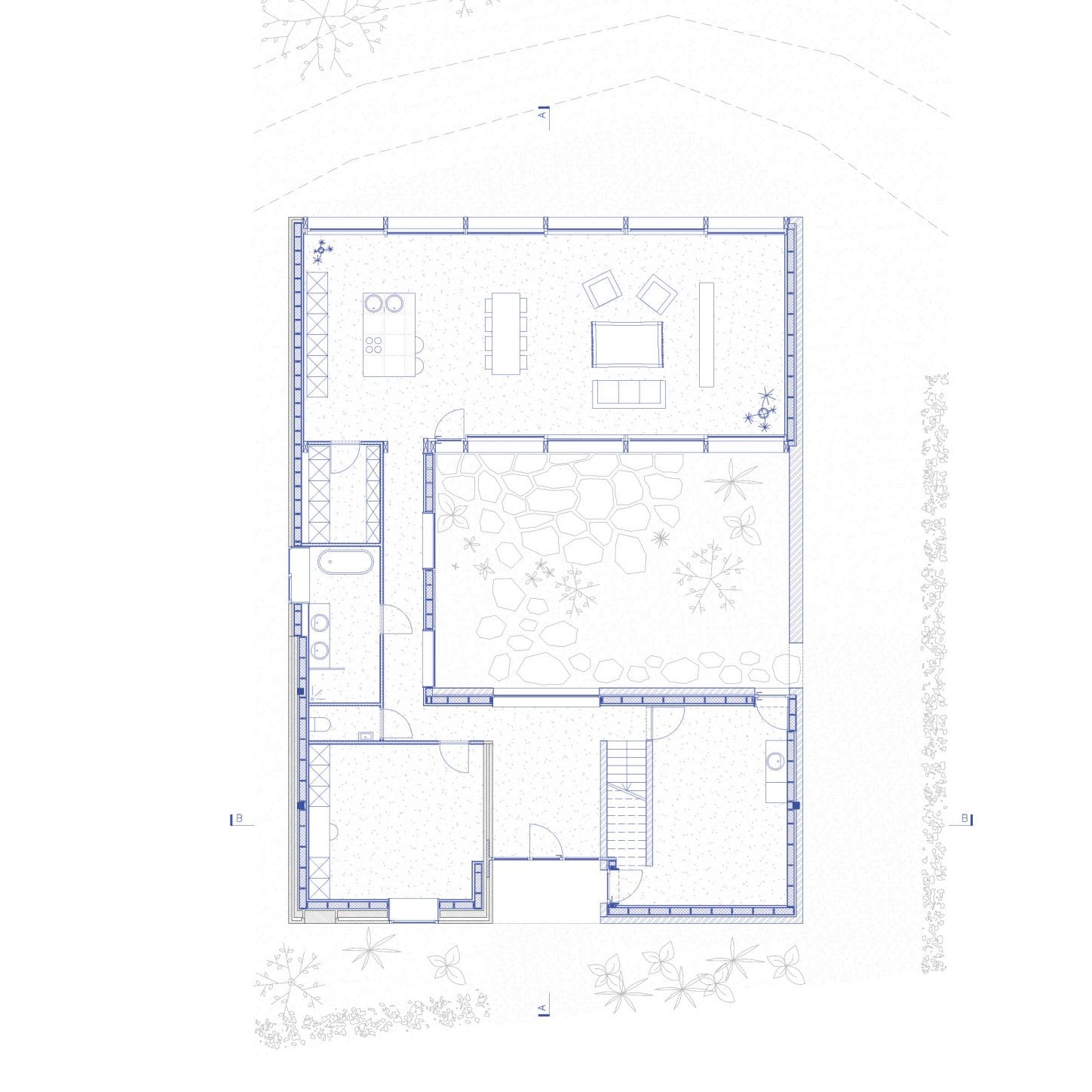 VIJVERHOEK Renovation and extension of a house in rural area, ground floor plan of the new house organised around a central patio