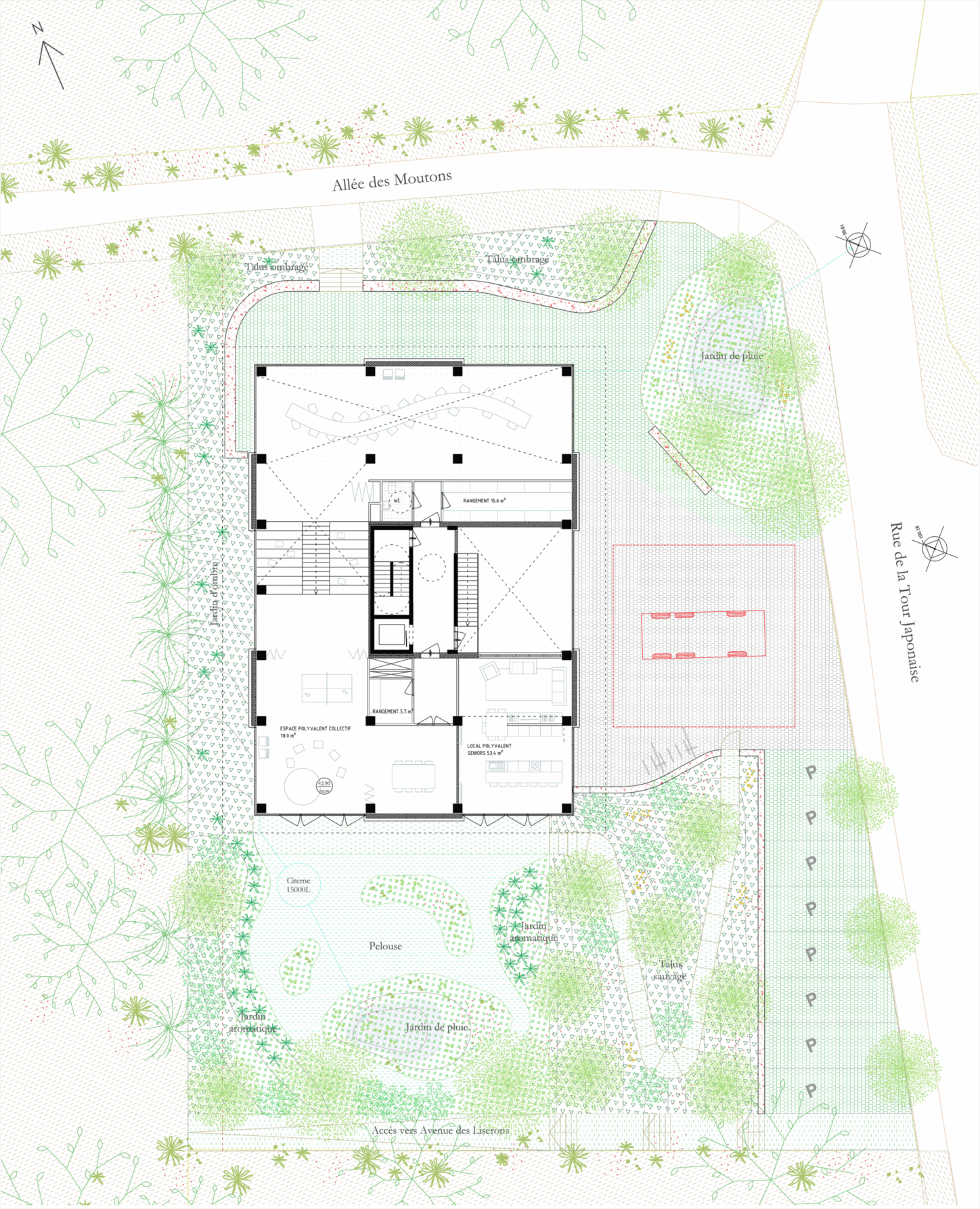 MOUTONS, Urban villa as intergenerational collective housing, plan ground floor with gargen